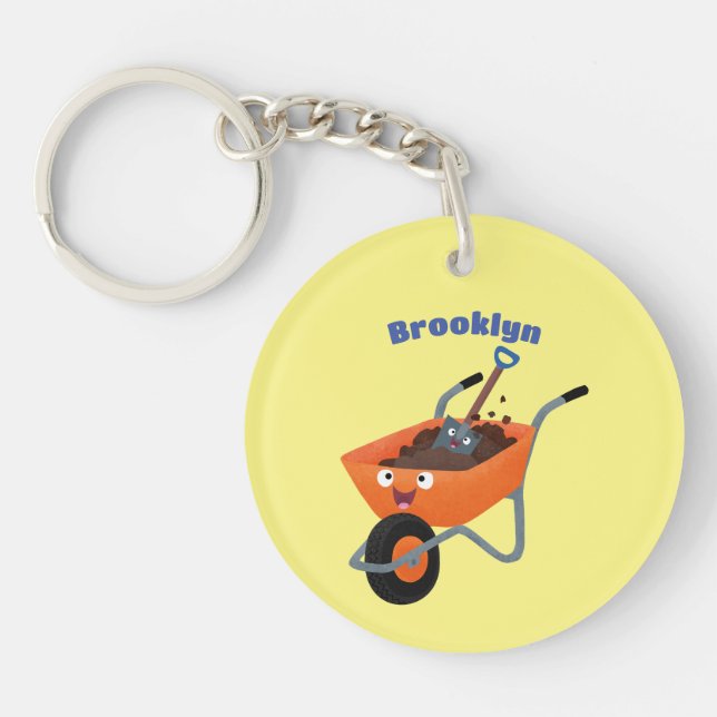 Cute happy orange wheelbarrow cartoon illustration keychain (Front)