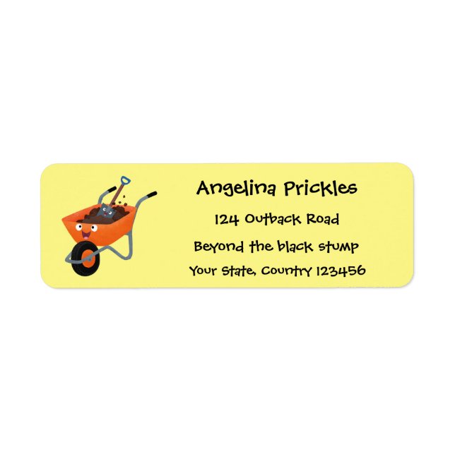 Cute happy orange wheelbarrow cartoon illustration label (Front)