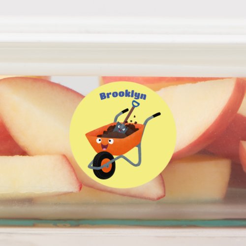 Cute happy orange wheelbarrow cartoon illustration labels