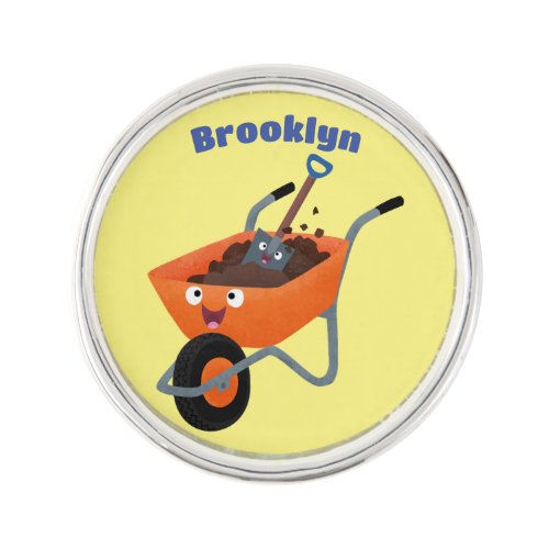 Cute happy orange wheelbarrow cartoon illustration lapel pin