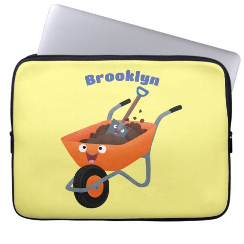 Cute happy orange wheelbarrow cartoon illustration laptop sleeve