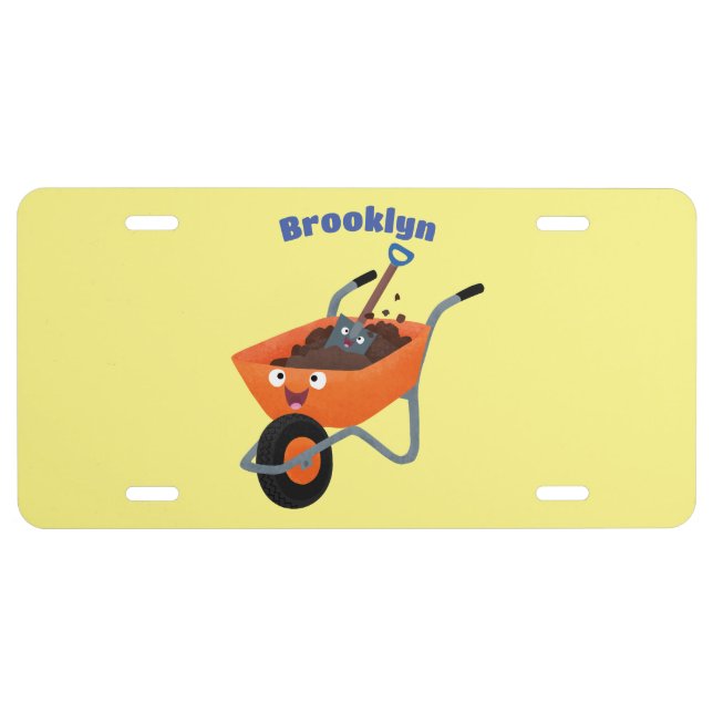 Cute happy orange wheelbarrow cartoon illustration license plate (Front)