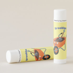Cute happy orange wheelbarrow cartoon illustration lip balm