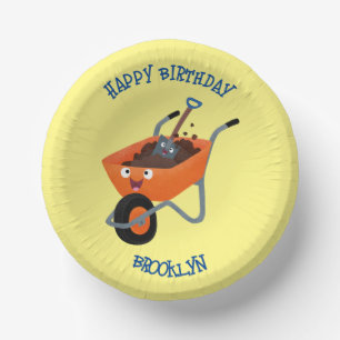Cute happy orange wheelbarrow cartoon illustration paper bowls