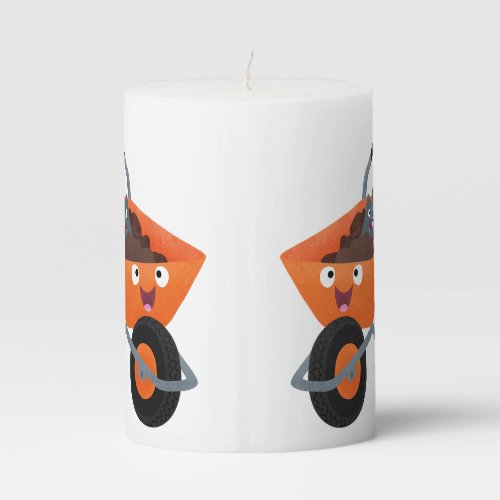 Cute happy orange wheelbarrow cartoon illustration pillar candle