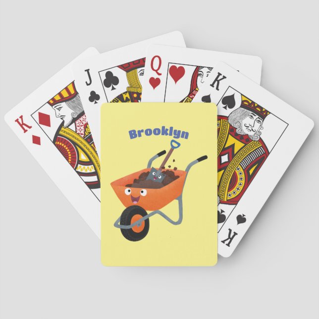Cute happy orange wheelbarrow cartoon illustration poker cards (Back)