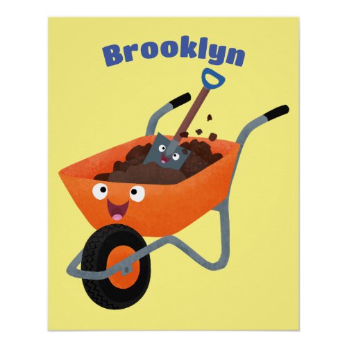 Cute happy orange wheelbarrow cartoon illustration poster