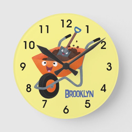 Cute happy orange wheelbarrow cartoon illustration round clock