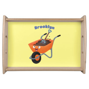 Cute happy orange wheelbarrow cartoon illustration serving tray