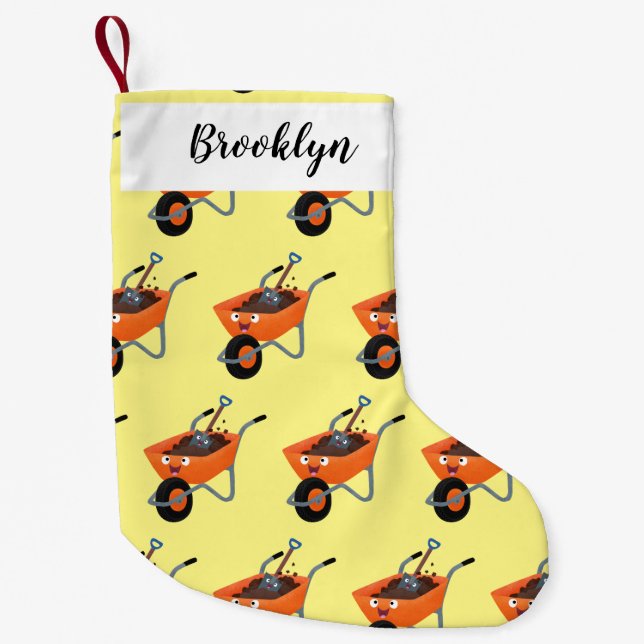 Cute happy orange wheelbarrow cartoon illustration small christmas stocking (Front)