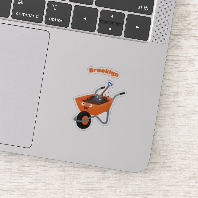 Cute happy orange wheelbarrow cartoon illustration sticker (Detail)