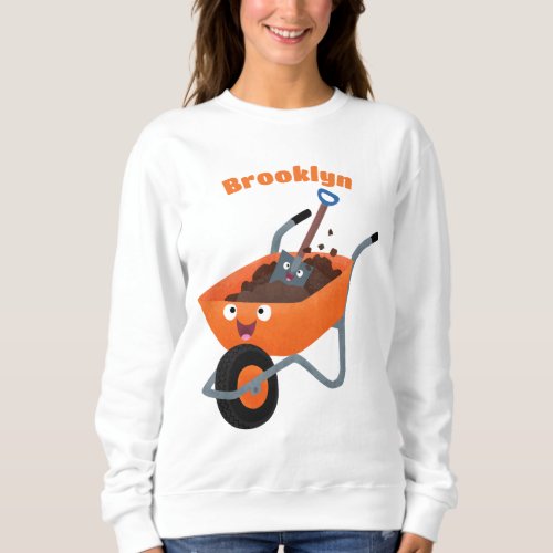Cute happy orange wheelbarrow cartoon illustration sweatshirt