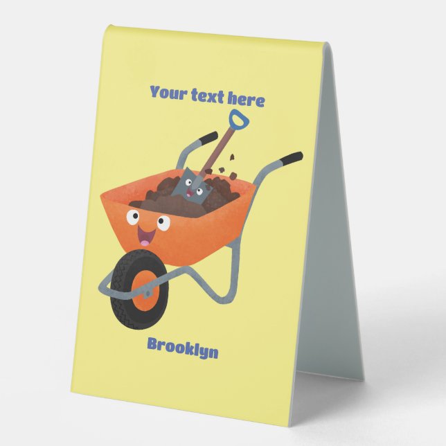Cute happy orange wheelbarrow cartoon illustration table tent (Front)