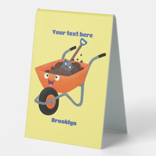 Cute happy orange wheelbarrow cartoon illustration table tent sign