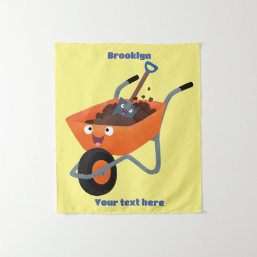 Cute happy orange wheelbarrow cartoon illustration tapestry