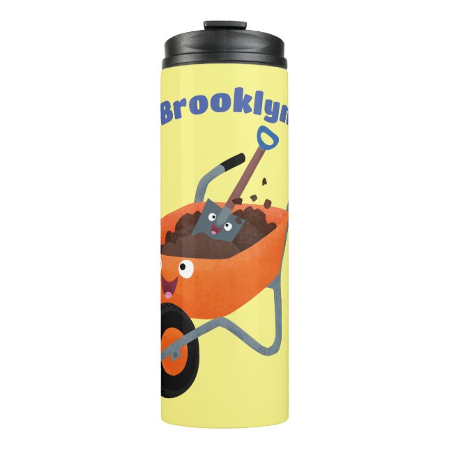 Cute happy orange wheelbarrow cartoon illustration thermal tumbler (Front)