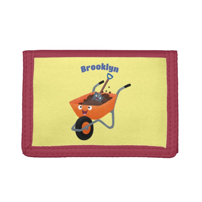 Cute happy orange wheelbarrow cartoon illustration trifold wallet (Front)