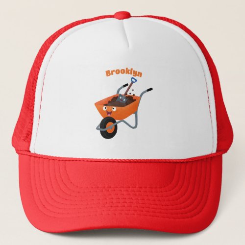Cute happy orange wheelbarrow cartoon illustration trucker hat