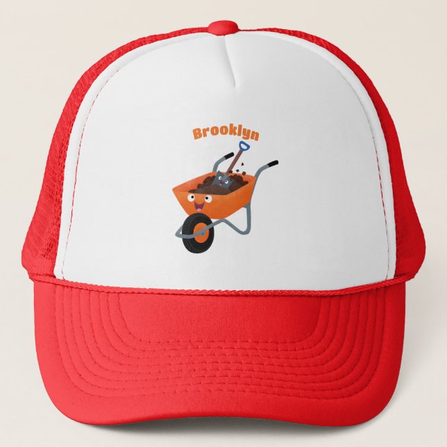 Cute happy orange wheelbarrow cartoon illustration trucker hat (Front)