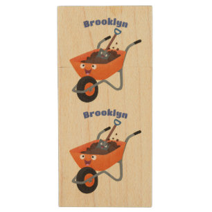 Cute happy orange wheelbarrow cartoon illustration wood flash drive