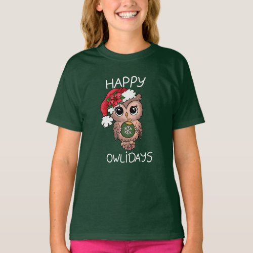 Cute Happy Owlidays Christmas Owl Green T_Shirt