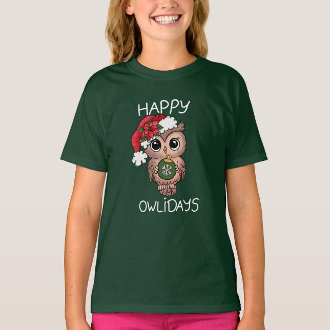 Cute Happy Owlidays Christmas Owl Green T-Shirt (Front)