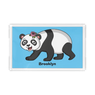 Cute happy panda bear with flower cartoon acrylic tray