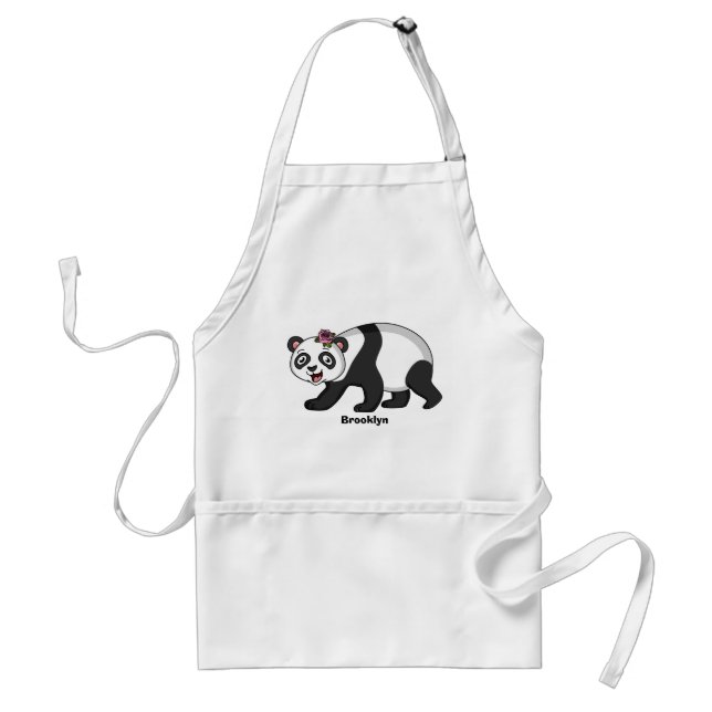 Cute happy panda bear with flower cartoon adult apron (Front)