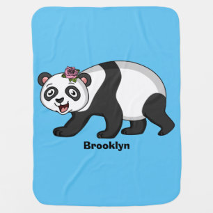 Cute happy panda bear with flower cartoon baby blanket