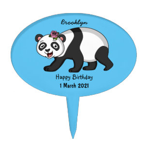 Cute happy panda bear with flower cartoon cake topper