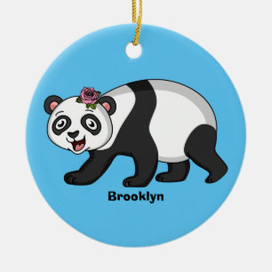 Cute happy panda bear with flower cartoon ceramic ornament