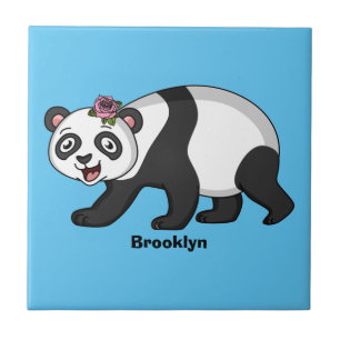 Cute happy panda bear with flower cartoon ceramic tile