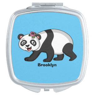 Cute happy panda bear with flower cartoon compact mirror