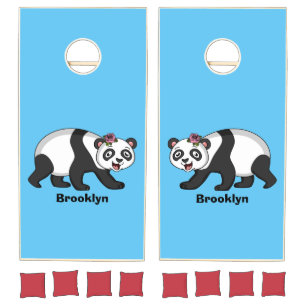 Cute happy panda bear with flower cartoon cornhole set