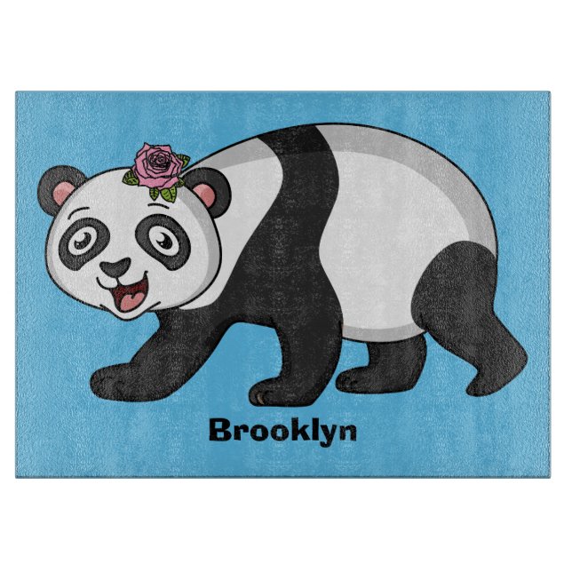 Cute happy panda bear with flower cartoon cutting board (Front)