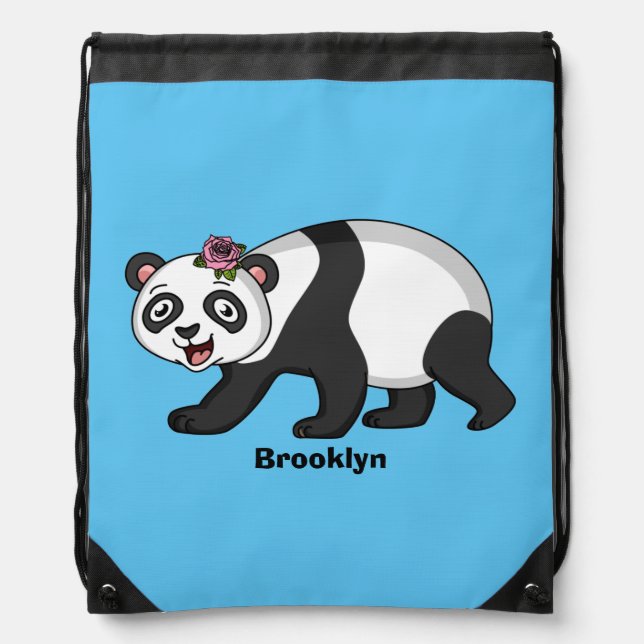 Cute happy panda bear with flower cartoon drawstring bag (Front)