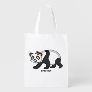 Cute happy panda bear with flower cartoon grocery bag