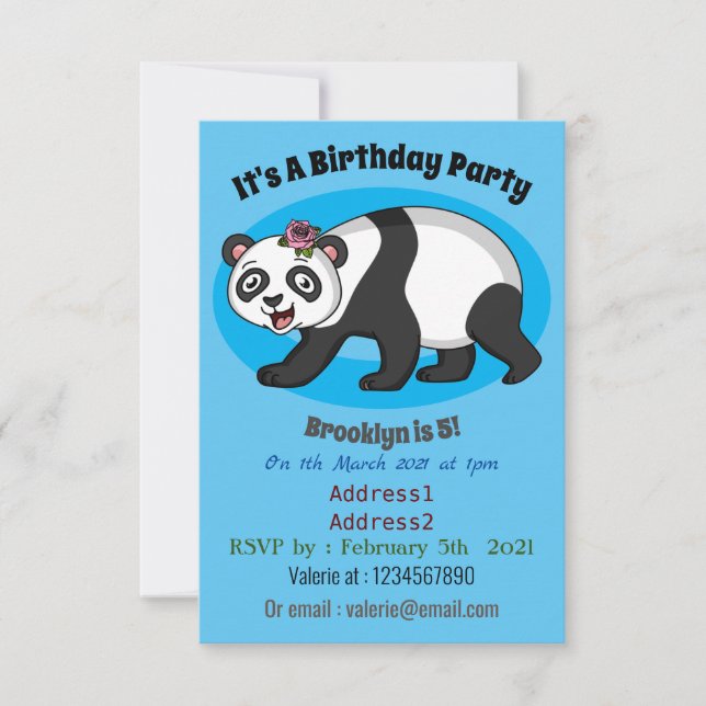 Cute happy panda bear with flower cartoon invitation (Front)