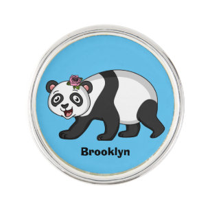 Cute happy panda bear with flower cartoon lapel pin