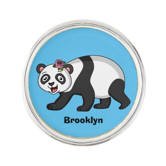 Cute happy panda bear with flower cartoon lapel pin (Front)