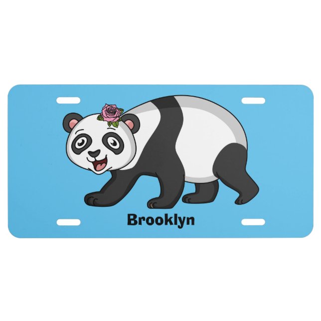 Cute happy panda bear with flower cartoon license plate (Front)