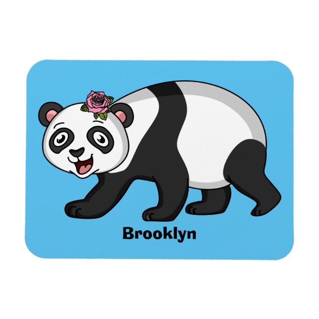 Cute happy panda bear with flower cartoon magnet (Horizontal)