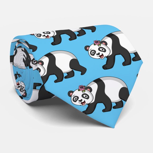 Cute happy panda bear with flower cartoon  neck tie (Rolled)