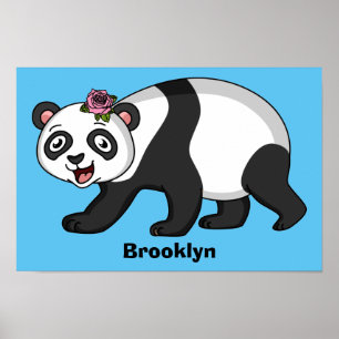 Cute happy panda bear with flower cartoon  poster
