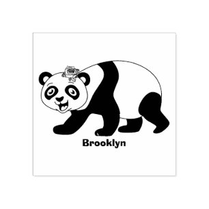 Cute happy panda bear with flower cartoon rubber stamp