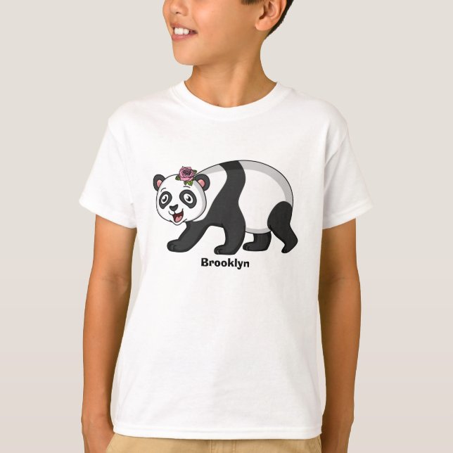 Cute happy panda bear with flower cartoon T-Shirt (Front)
