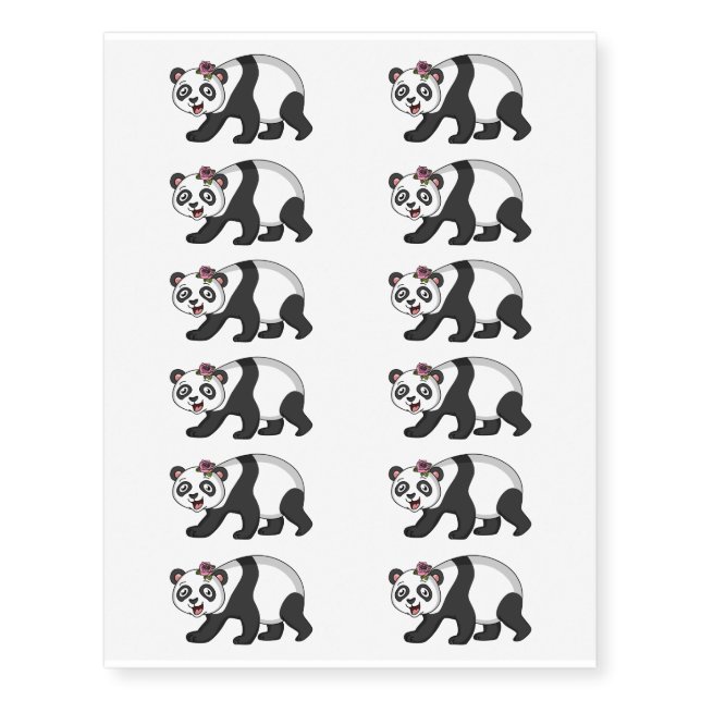 Cute happy panda bear with flower cartoon  temporary tattoos (Front)