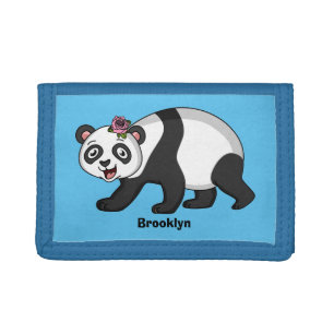 Cute happy panda bear with flower cartoon tri-fold wallet