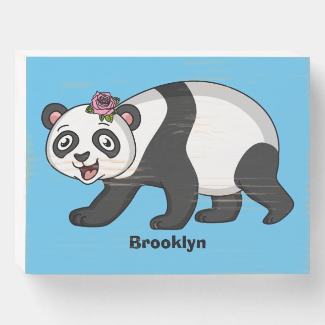 Cute happy panda bear with flower cartoon  wooden box sign (Front Horizontal)