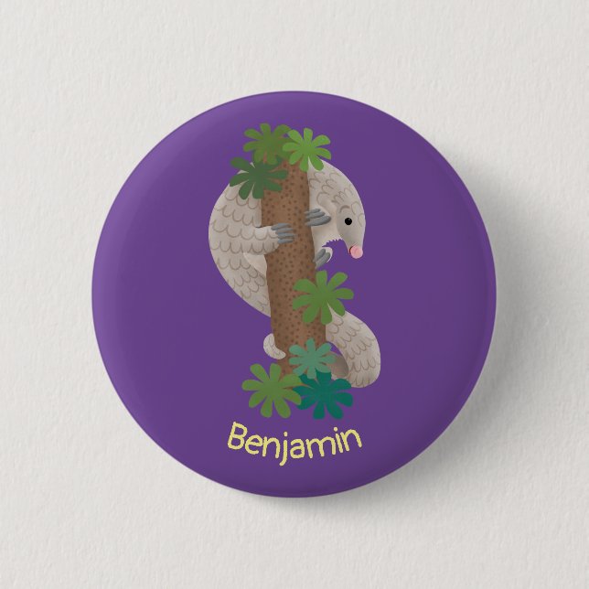 Cute happy pangolin anteater illustration button (Front)